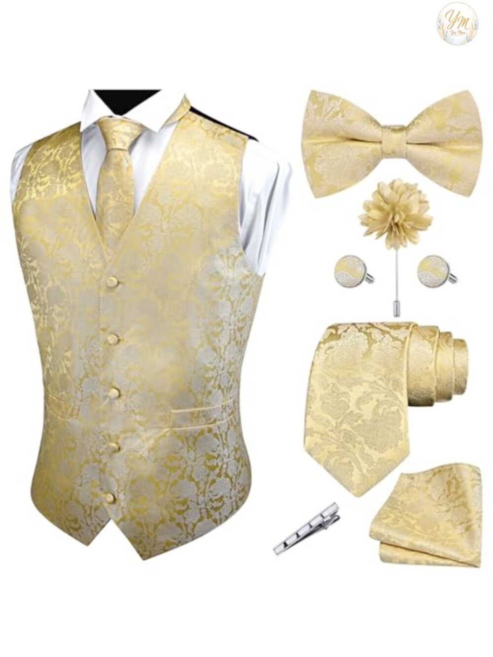 Men's Paisley Jacquard Formal Vest 7PC Set Tie Bow Tie Cufflinks